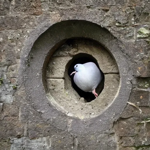 Image similar to a pigeon stuck in a loophole inside a medieval wall