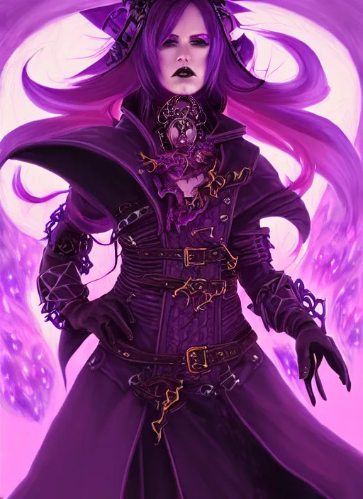 Prompt: portrait of a mix between necromancer and pyromancer, female, purple fire and decadence, leather coat, high fantasy, dnd, face details, extremely detailed, smooth, sharp focus, digital illustration, by artgem, rossdraws, sakimichan