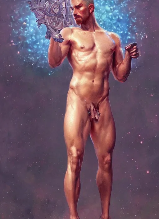 Prompt: a man made of sparkling crystal, male, full body view, beautiful high quality realistic fantasy art, trending on artstation by artgerm and greg rutkowski and alphonse mucha