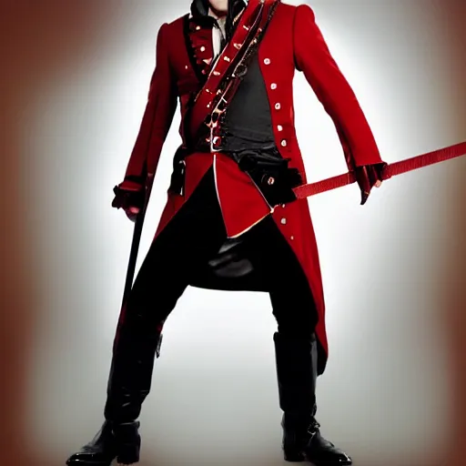 Image similar to photo of elon musk as a musketeer, he has a big black hat with a red feather, he is holding a shiny rapier sword, he is posing and looking straight to the camera, brown background, studio lighting, 4 k, 8 k