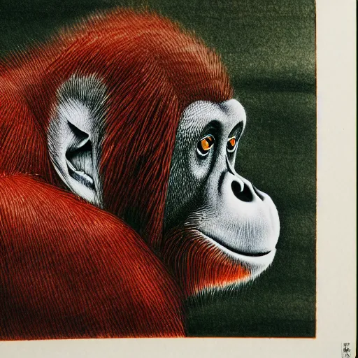 Prompt: a japanese ink block painting of an orangutan, 4 k, hyper realistic, dslr, high resolution, landscape, beautiful