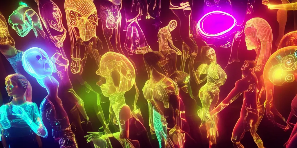 Prompt: diverse groups of humans with glowing electronic body implants projecting amazing 3D graphics, from behind, rebirth, beauty, wide angle, elaborate, wet, highly detailed, colors, beautiful lighting