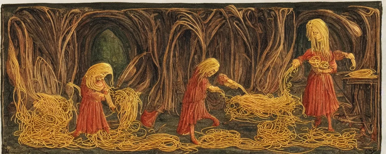 Image similar to ancient manuscripts detailing spaghetti, in the style of grimm's fairytales, fine detail, kodachrome