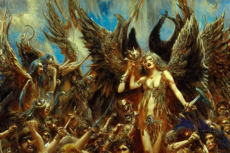 Prompt: punk rock paradise lost, lucifer playing guitar in pandemonium to a crowd of fallen angels. art by gaston bussiere.