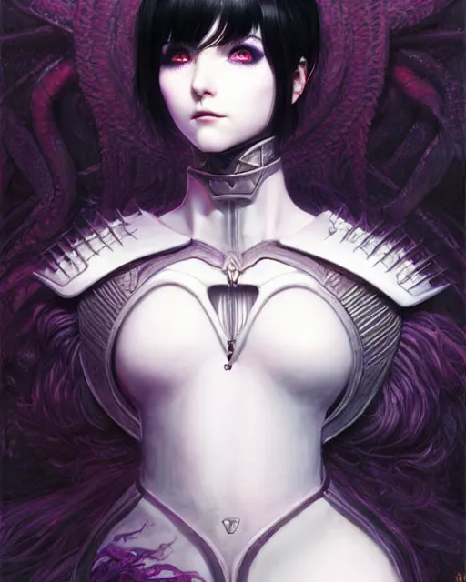 Prompt: portrait of beautiful cute goth girl with short white hairs in warhammer armor, art by ( ( ( kuvshinov ilya ) ) ) and wayne barlowe and gustav klimt and artgerm and wlop