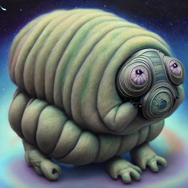 Image similar to a highly detailed tardigrade, it has a beautiful unconventional face, floating through deep space, elegant, hyperrealistic, digital painting, artstation, realism, concept art, pop, smooth, mythological, sharp focus, qualia, illustration, art by mark ryden 3 d 8 k ultra detailed