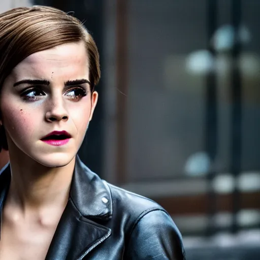 Image similar to Emma Watson as Catwoman, XF IQ4, f/1.4, ISO 200, 1/160s, UHD, Sense of Depth, Depth Layering, AI enhanced, HDR, in-frame