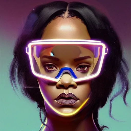 Image similar to Rihanna wearing opaque reflective goggles profile picture by Greg Rutkowski, brown skin, very long hair, dune, asymmetrical, futuristic, neon volumetric lights, cool colors, streetwear, studio ghibli, Organic Painting , Matte Painting, geometric shapes, hard edges, street art, trending on the artstation, fantasy LUT, realistic by Sachin Teng + Martin Grip + Moebius + Patrick Gleason, smooth, sharp focus, illustration, art by John Collier and Albert Aublet and Krenz Cushart and Artem Demura and Alphonse Mucha, techwear, Industrial Scifi, detailed illustration, character portrait,