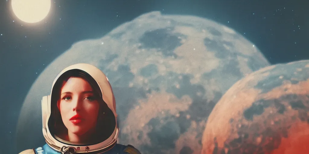 Prompt: vintage polaroid portrait of a beautiful woman wearing a space helmet, on the surface of the moon, science fiction, detailed clouds, 8k, unreal engine, warm azure tones, red color bleed, film grain