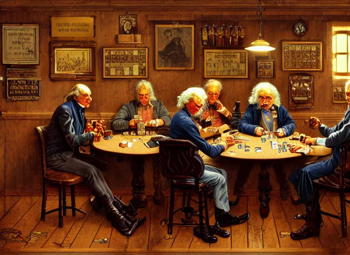 Image similar to isaac newton and stephen hawkins and albert einstein playing poker in an old west saloon, intricate, highly detailed, centered, digital painting, artstation, concept art, smooth, sharp focus, illustration, art by james gurney and norman rockwell and greg rutkowski