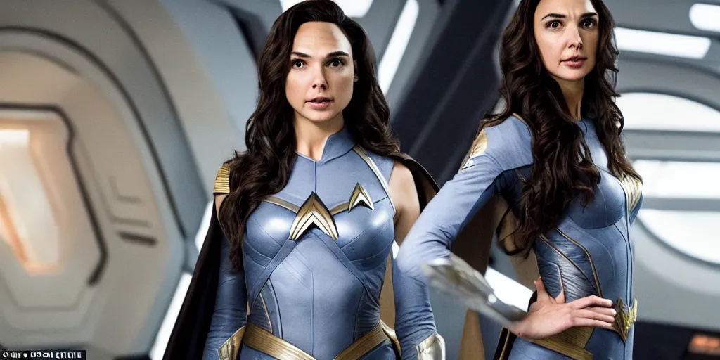 Image similar to Gal Gadot, in full starfleet uniform, is the captain of the starship Enterprise in the new Star Trek movie