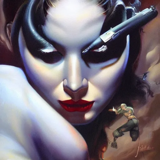 Image similar to detailed portrait of widowmaker intricate, hyper detailed, realistic, oil painting, by julie bell, frank frazetta, cinematic lighting