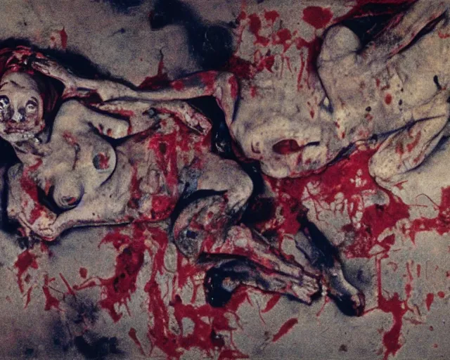 Image similar to overhead image of a dead couple in style of Francis Bacon and Egon Schiele and Willem de kooning, interior room with a pool of blood and stray dog barking, messy living room with beer cans on the floor. Art by Henry Clarke, Still from 1982 movie The Thing. Beksiński Masterpiece