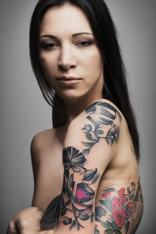 Image similar to studio photo portrait of a woman with tattoo, smooth lighting
