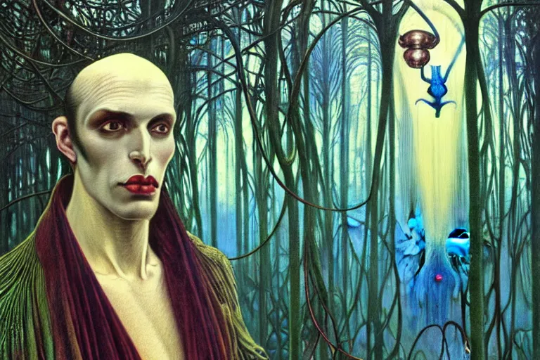 Image similar to realistic extremely detailed portrait painting of an elegantly creepy vampire man in a cape, futuristic sci-fi forest on background by Jean Delville, Amano, Yves Tanguy, Alphonse Mucha, Ernst Haeckel, Edward Robert Hughes, Roger Dean, rich moody colours, blue eyes