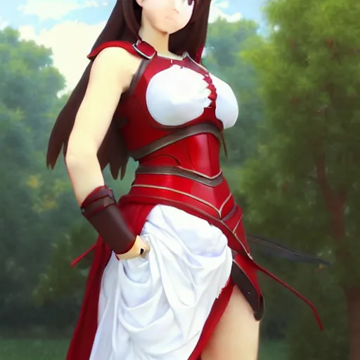 Image similar to card art of a girl wearing red armor with white dress, makoto shinkai, very detailed, realistic face, detailed face, matte, tonemapping, bbwchan, perfection, 4K, William-Adolphe Bouguereau