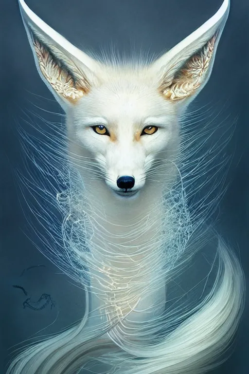 Prompt: complete and delicate portrait of a white nine - tailed fox, beautiful, agile, fairy, myth, legend, detailed, trending on artstatioin, light effects, kilian eng, john harris, bastien lecouffe - deharme