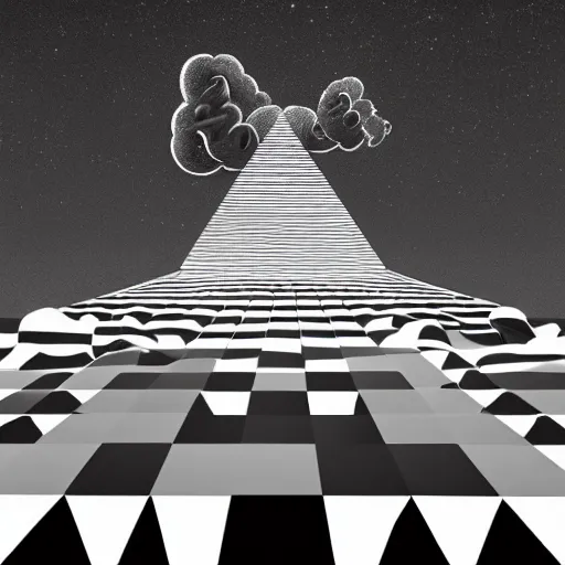 Image similar to A black and white freemasonic chequered surrealist digital painting of a stairway to into the clouds in the art style of jeff koons, Gilbert williams, Edwin Frederic Church and Christopher Balaskas, trending on artstation, 4k UHD