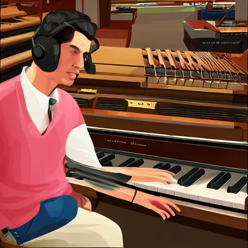 Image similar to GTA V illustration of white teenager with black hair playing an organ in a 1990s instrument shop, cover of GTA V