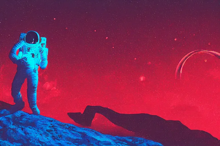 Image similar to an astronaut laying on mars in the style of flooko, acrylic art, detailed, moonlight, red lighting, bokeh, synthwave, psychedelic, glitch, neon,