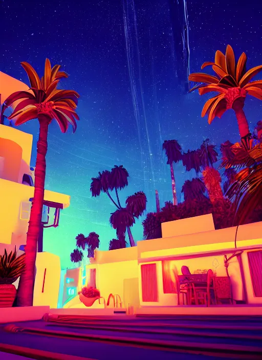 Image similar to night time neon, Art Deco, in SANTORINI island, palm trees, crystal clear neon water, starry night, Trending artstation, octane render, cgsociety, surrealist, cinematic, shadow of the tomb rider