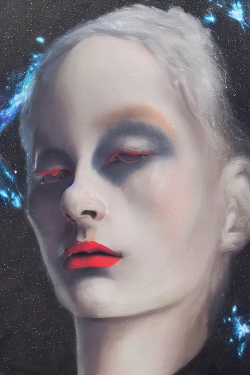 Image similar to hyperrealism oil painting, close - up portrait of albino medieval fashion model, black silk, steel gradient mixed with nebula sky, in style of baroque