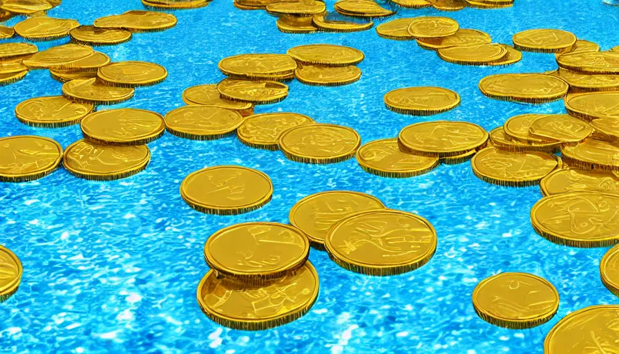 Image similar to a swimming pool full of gold coins, digital art, highly detailed, realistic, bright colors, 8 k