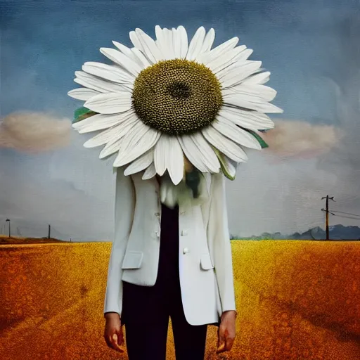 Image similar to giant white daisy flower head, frontal, girl in a suit, standing in street, surreal photography, sunrise, dramatic light, impressionist painting, digital painting, artstation, simon stalenhag