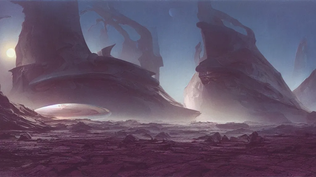 Image similar to otherworldly atmosphere of an alien planet by arthur haas and bruce pennington and john schoenherr, cinematic matte painting, zaha hadid building, 8 k realistic, dark moody colors