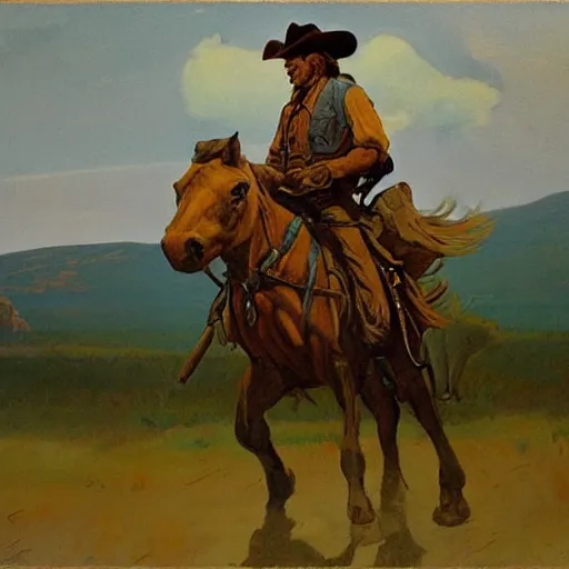 Image similar to a painting of a cowboy riding a theropod in the style of n. c. wyeth and in the style of james gurney.