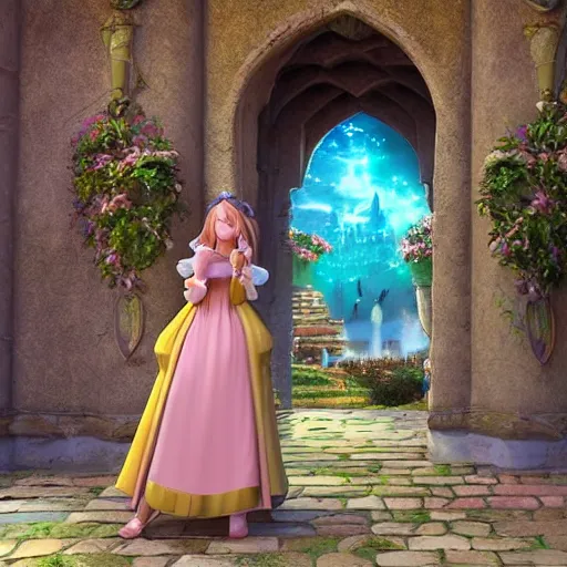 Image similar to a pleasant, beautiful, funny, smooth 3D CG render, semirealistic anime style, a noble priestess magician princess girl wearing dress and jewelry, in a glorious magic kingdom with castle and walls, relaxing calm vibes, fairytale, octane render