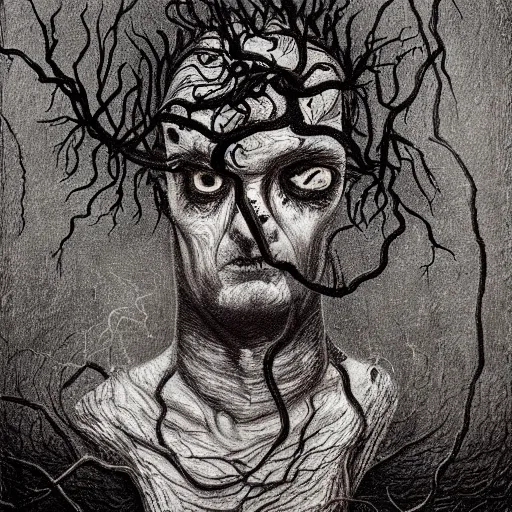 Prompt: award - winning painting of a edgar alan poe, infested with pitch black, tar - like, shadow roots with lots of tendrils on the skin, black veins, intricate detail, deep black roots, infestation, shadowy, lovecraftian, beksinksi, black and white, chiaroscuro, full body shot