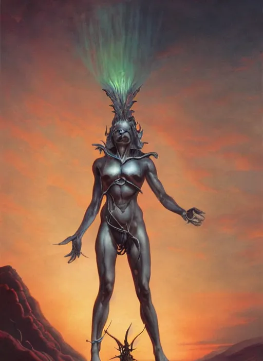 Prompt: biblical hell beautiful female witch android, shiva, storm, glowing veins, in clouds, sunset, portrait by wayne barlowe, by peter elson, muted colors, by frank frazetta, extreme detail, reflections, trending on artstation, 8 k