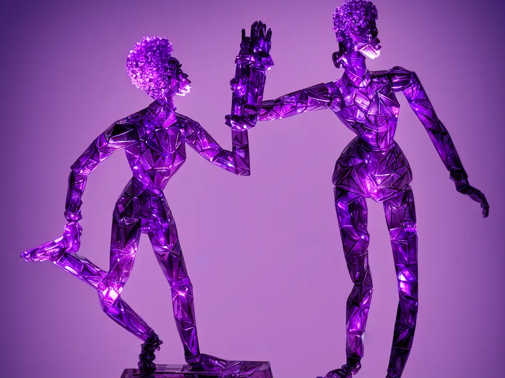 Image similar to beautiful mannequin sculpted out of amethyst by billelis + lit with purple 3 d geometric neon + chrome geometric cubed bonsai plants!!!!, doorway opening with neon pink geometric light, clean linework, dramatic, finely detailed, rule of thirds, moody, confident, award winning, 4 k, trending on artstation, photorealistic, volumetric lighting, octane render