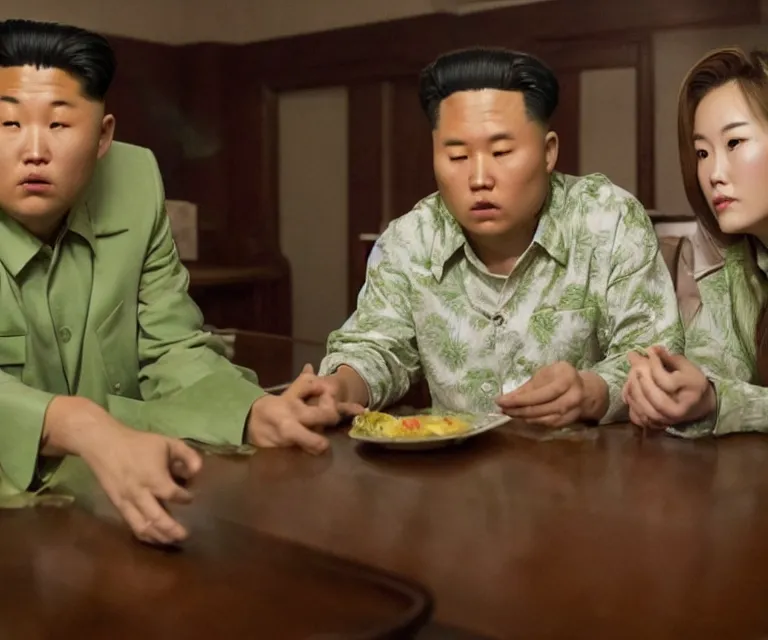 Image similar to hyperralism pineapple express movie still photography of real detailed north korean kim chen with detailed face smoking high detailed weed and reviewing weed bush in detailed basement bedroom ultra violet light