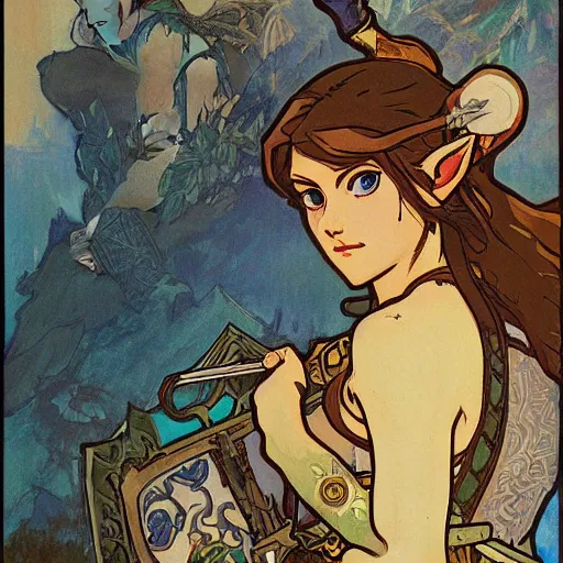 Image similar to a painting of the legend of zelda : breath of the wild by mucha