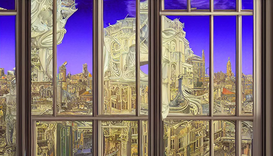 Prompt: a huge standalone hyperrealistic photorealistic hyperdetailed window reflecting a minimalist modern city by night, seen from the distance. art nouveau rococo baroque in the style of caravaggio and botticelli. unexpected elaborate maximalist fabric elements hd 8 x matte background in vibrant vivid natural interesting pastel colour textures