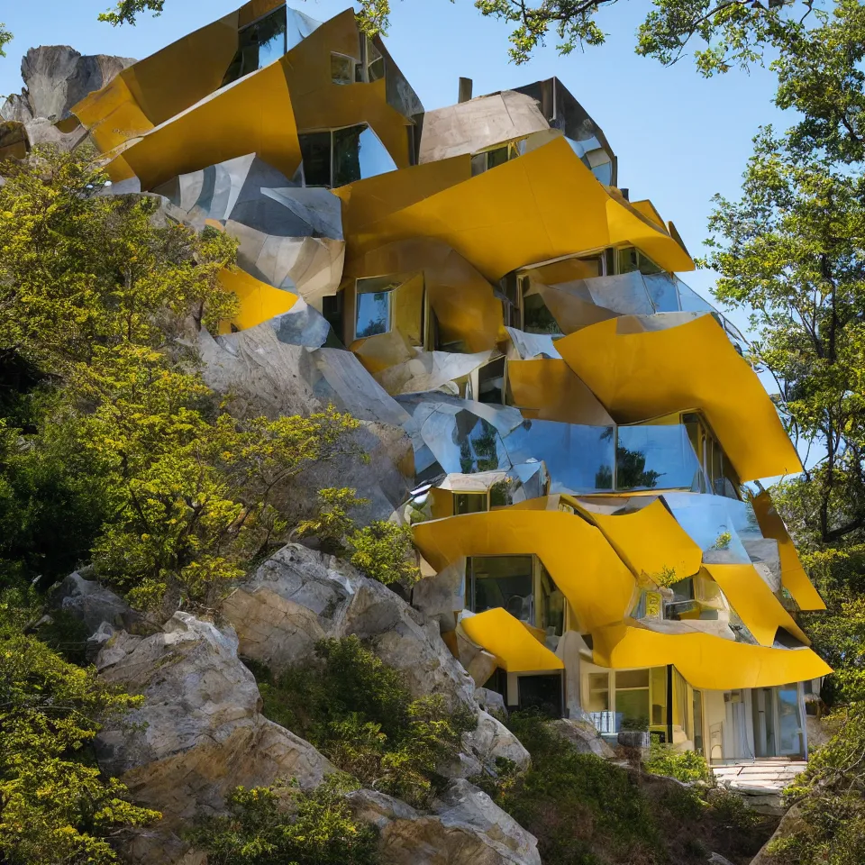 Image similar to a mid-century modern house on top of a cliff, designed by Frank Gehry. Big tiles. Small wooden pathway . Film grain, cinematic, yellow hue