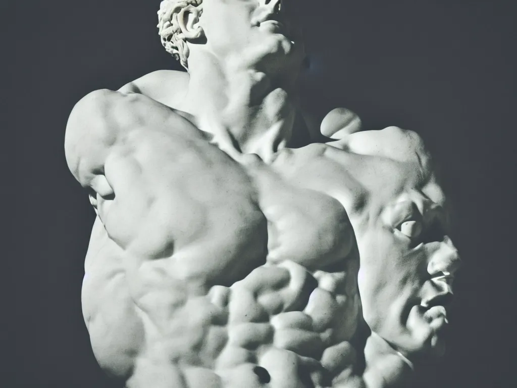 Image similar to a perfect photograph, studio lighting, 3 5 mm film, perfect focus, a portrait of a man who is a sculpture of himself. he is bursting from the marble.