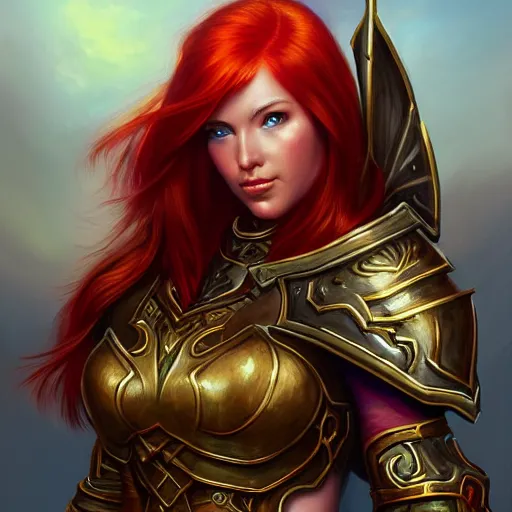 Prompt: a portrait of a very beautiful woman in armor warcraft style armor. red hair, bored, illustration, soft lighting, soft details, painting oil on canvas by mark arian by artgerm, trending on artstation, 4k, 8k, HD