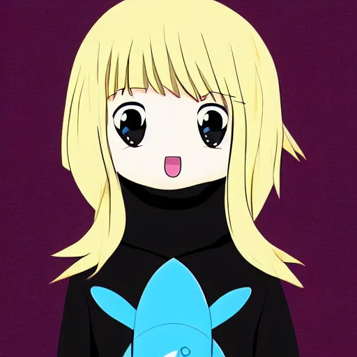 Image similar to a blonde girl in a black hoodie holding a blue-shark-stuffie, anime style digital art