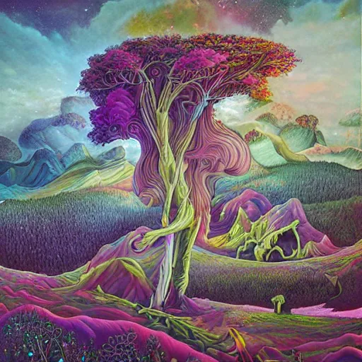 Image similar to beautiful bizarre surrealistic psychedelic fantasy landscape far view