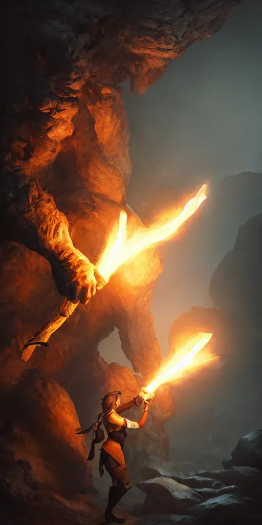 Image similar to a epic hero adventurer holding a torch in a dark cave, fantsy, concept art, artgerm, monster hunter world, 8 k realistic, radiant light, frostbite 3 engine, dof, cryengine, digital art, detailed background