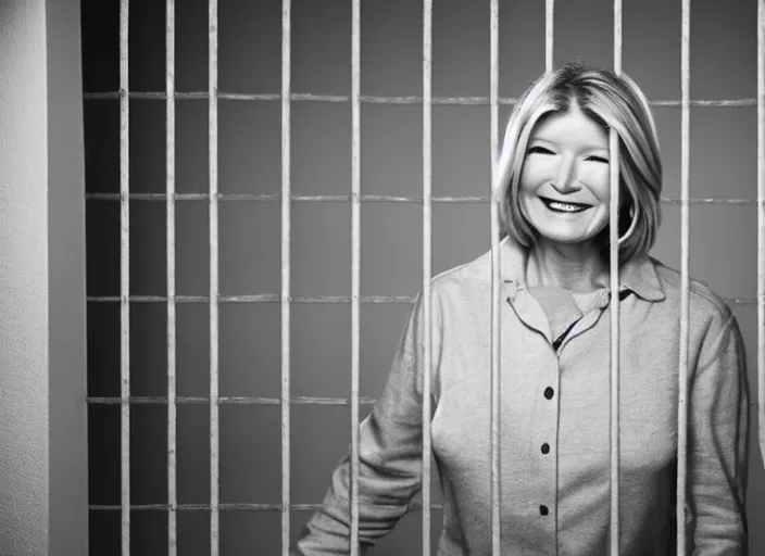 Prompt: photo still of martha stewart!!!!!!!! at age 4 6 years old 4 6 years of age!!!!!!!! in a prison cell behind bars, 8 k, 8 5 mm f 1. 8, studio lighting, rim light, right side key light