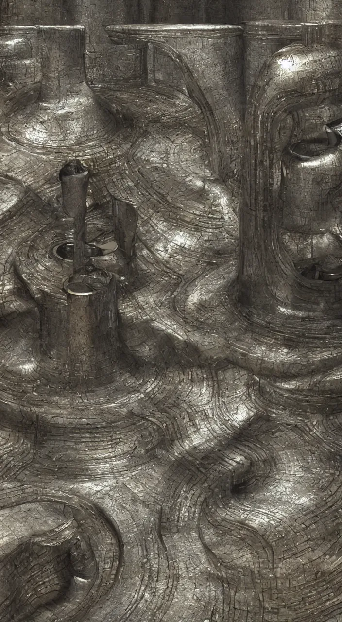 Prompt: a stream of water entering into a machine made from 6 amphoras and producing a large coin, in the style of h r giger, futuristic, 3 d render, isometric, engineering, dynamic lighting.