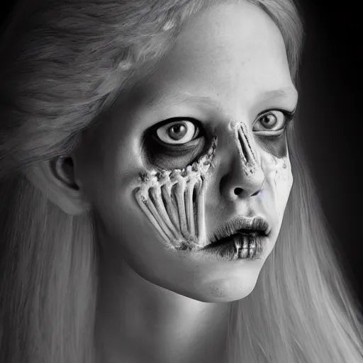 Image similar to bone fairy portrait, she is made of bones studio lighting, portrait photography, black - and - white photography, hyper realism, fantasy, 4 k,