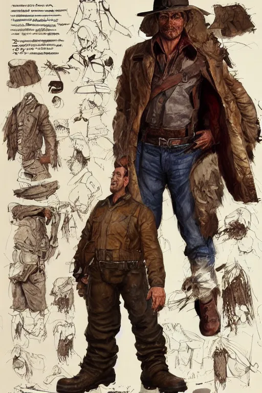 Image similar to character design, reference sheet, 40's adventurer, unshaven, optimistic, stained dirty clothing, straw hat, heavy boots, leather bomber jacket, detailed, concept art, realistic, hyperdetailed, , art by Frank Frazetta