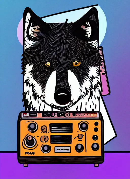 Prompt: digital art of a wolf playing an electric guitar while stepping on the amplifier with one foot.