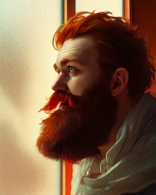 Image similar to attractive red - headed bearded man looking out the window sadly, highly detailed, digital painting, artstation, concept art, smooth, sharp focus, illustration, art by artgerm and greg rutkowski and alphonse mucha