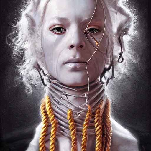 Image similar to portrait of a Shibari rope wrapped face and neck, headshot, insanely nice professional hair style, dramatic hair color, digital painting, of a old 15th century, old cyborg merchant, amber jewels, baroque, ornate clothing, scifi, realistic, hyperdetailed, chiaroscuro, concept art, art by Franz Hals and Jon Foster and Ayami Kojima and Amano and Karol Bak,